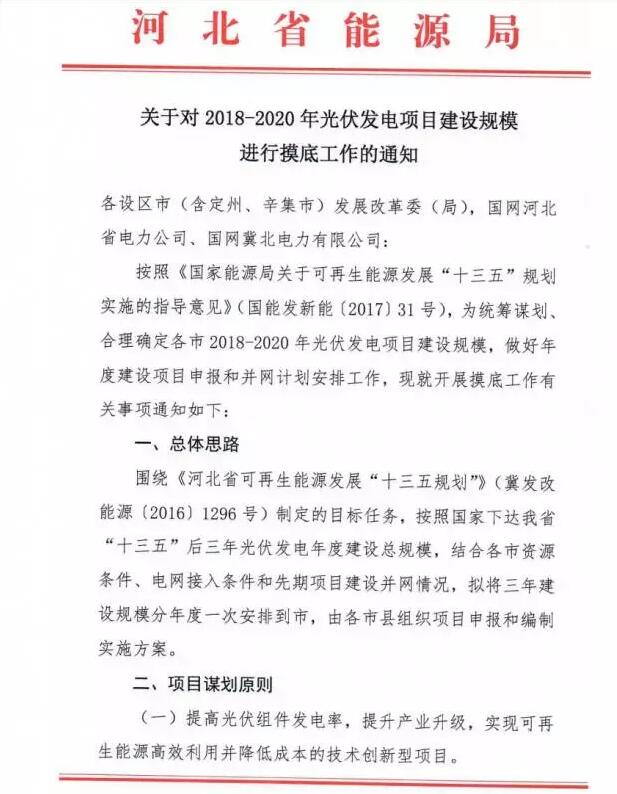 頭條！河北能源局發(fā)布《關(guān)于對2018-2020年光伏發(fā)電項目建設(shè)規(guī)模進行摸底工作的通知》