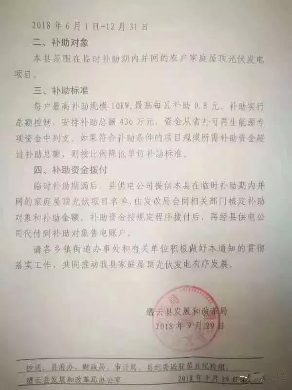 浙江縉云出臺后&ldquo;531&rdquo;家庭光伏臨時補(bǔ)助政策：最高每瓦0.8元